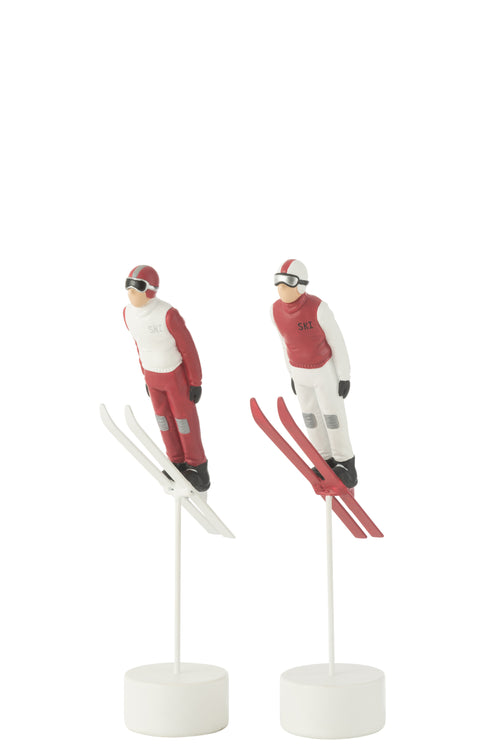 J-Line decoratie Skier Long Jump - polyresin - rood/wit - 2 stuks