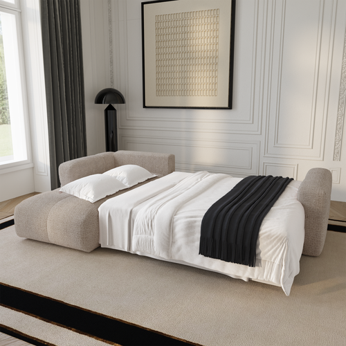 Premium Interiors - Linkshoekbank met slaapfunctie en opbergruimte VIBE - zacht aanvoelende geweven stof beige 286cm
