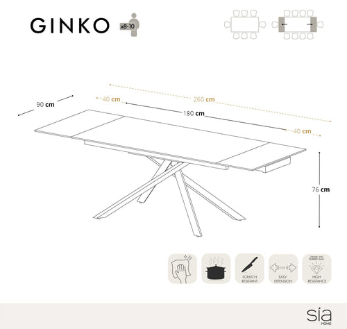 Sia Home - Uitschuifbare tafels GINKO  - Keramiek - Carrara zwart en zwart - 180cm