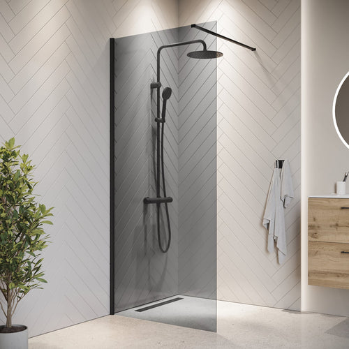 Badplaats Douchewand Rizani 50 x 200 cm – Zwart – Rookglas Inloopdouche 8 mm Veiligheidsglas