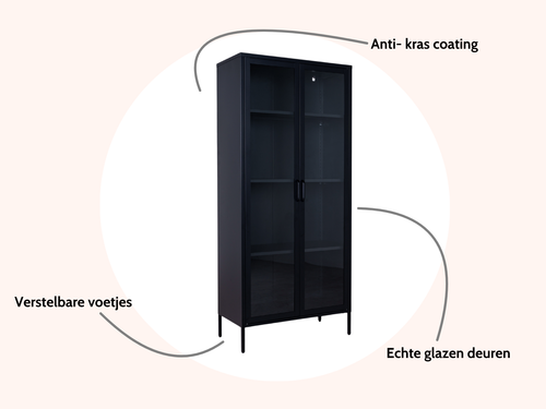 MaximaVida metalen locker vitrinekast Finn 80 x 35 x 180 cm zwart - echt glas - vtwonen shop