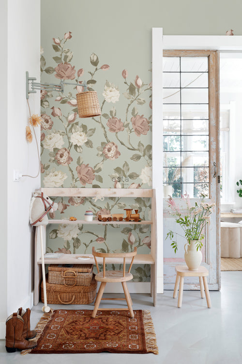 ESTAhome fotobehang vintage bloemen vergrijsd mintgroen en oudroze - 150 x 279 cm - 159213 - vtwonen shop