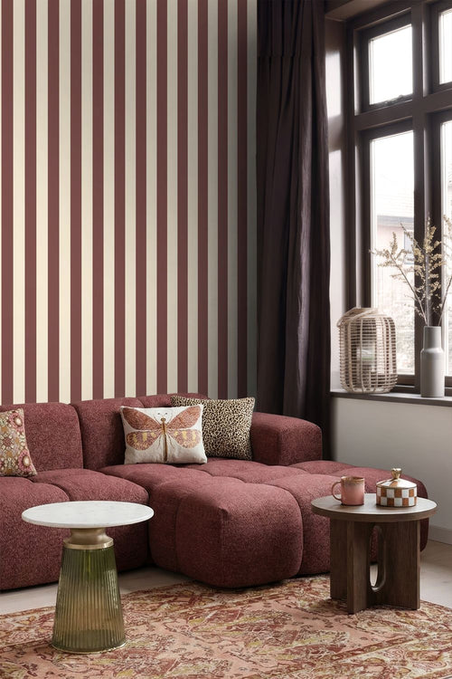 ESTAhome behang strepen bordeaux rood en wit - 50 x 900 cm - 131978