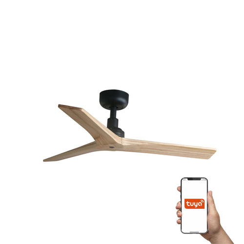 Faro Klim Kleine plafondventilator met 3 bladen, matzwart, grenen E27, Tuya Smart System