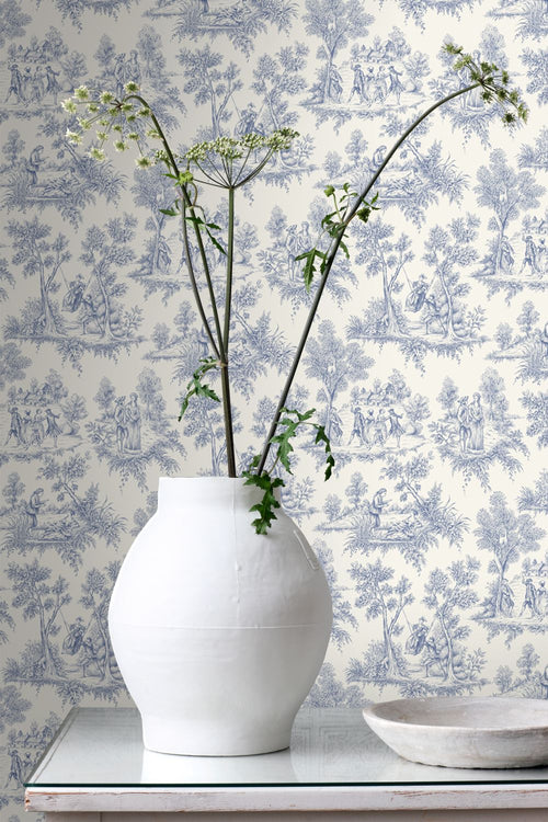 ESTAhome behang toile de jouy print blauw - 50 x 900 cm - 132096