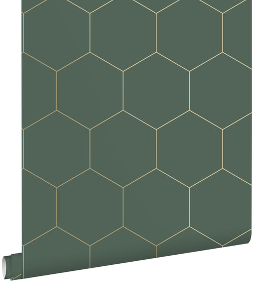 ESTAhome behang hexagon donkergroen en goud - 53 cm x 10.05 m - 139228
