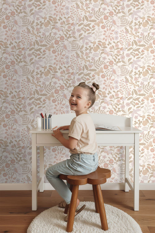 ESTAhome behang bloemen en vogels wit, beige en zacht roze - 53 cm x 10.05 m - 139866