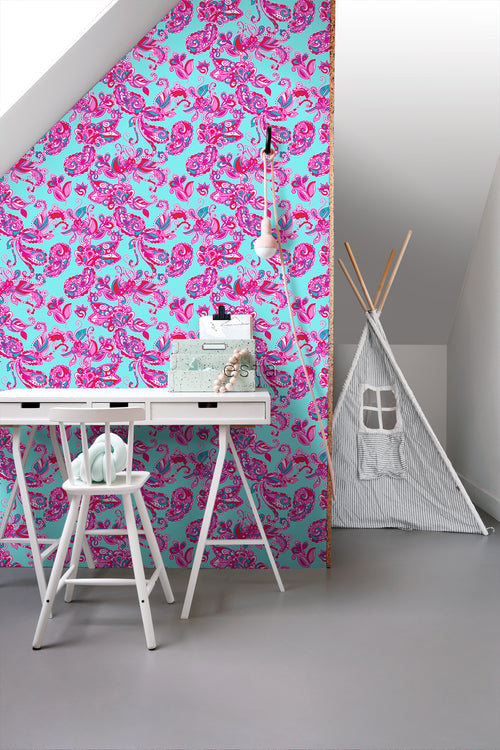 ESTAhome behang funky bloemen en paisleys turquoise en roze - 53 cm x 10.05 m - 136840