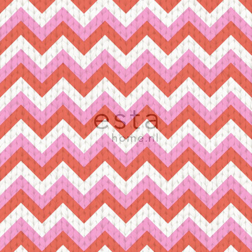 ESTAhome behang zigzag motief koraalrood en roze - 53 cm x 10.05 m - 138135