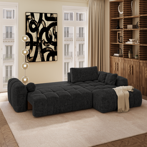 Premium Interiors - Rechthoekige hoekbank met slaapfunctie en opbergruimte SKY - kruisweefsel  donker antraciet 310cm