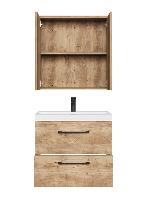 Badplaats Badkamermeubel Set Florence 01 60 cm – Kastanje Eiken – Hangend Wastafelmeubel met Spiegelkast