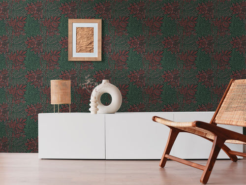 Livingwalls behang bloemmotief groen, rood en zwart - 53 cm x 10.05 m - AS-390581