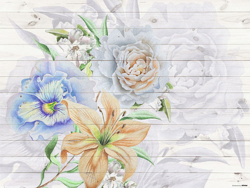 Sanders & Sanders fotobehang bloemen wit, blauw en oranje - 375 x 270 cm - 600501