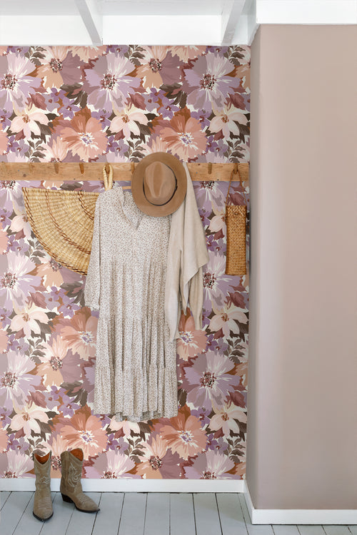 ESTAhome behang bloemen mauve paars en terracotta - 50 x 900 cm - 131266