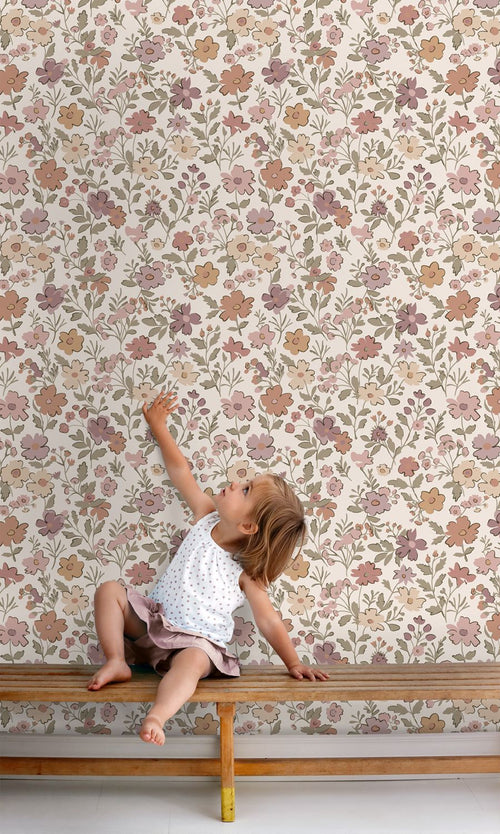 ESTAhome behang bloemetjes mauve paars, vergrijsd groen en terracotta - 53 cm x 10.05 m - 131328