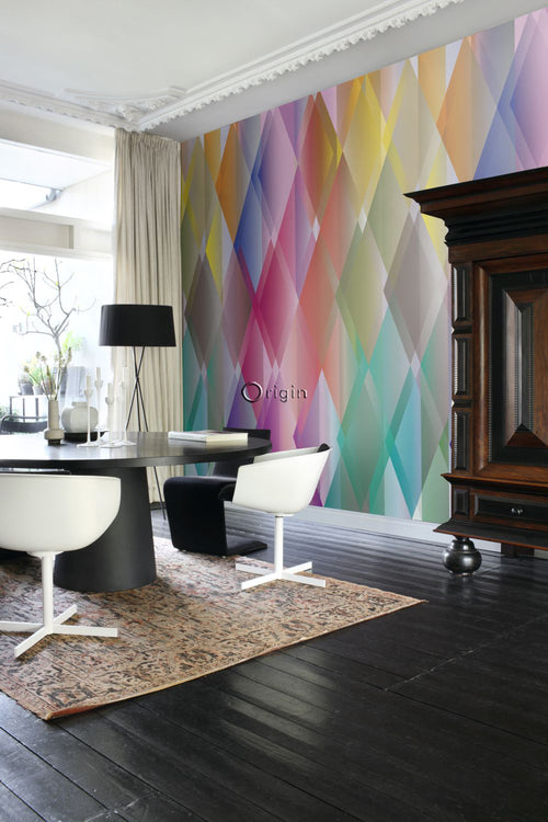 Origin Wallcoverings fotobehang kleurrijke driehoeken geel, roze, rood, paars en groen - 300 x 279 cm - 357201 - vtwonen shop