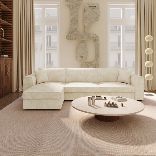 Premium Interiors - Hoekbank (links) MIKA - zacht aanvoelende geweven stof crème 292cm