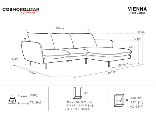 Cosmopolitan Design rechter hoekbank Vienna 5-zits, flueel, lichtblauw - 170x255x95cm