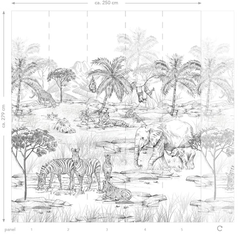 ESTAhome fotobehang jungle dieren zwart wit - 2.5 x 2.79 m - 159296 - vtwonen shop