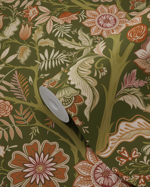 ESTAhome behang vintage bloemen donkergroen en terracotta bruin - 53 cm x 10.05 m - 131334