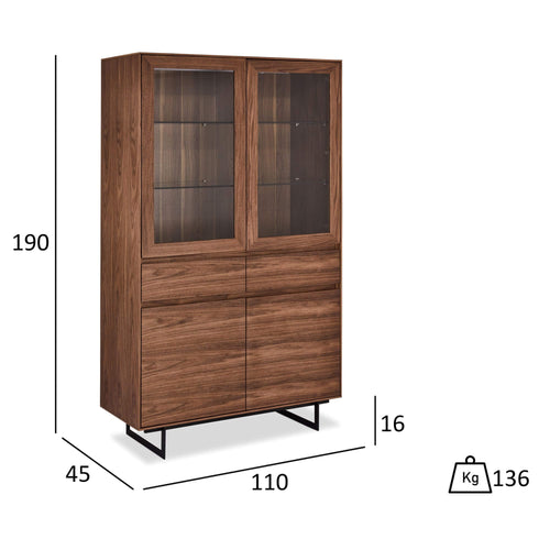 Furnhouse vitrinekast Tokyo - Amerikaanse walnoot - MDF, Amerikaans walnootfineer - 45x110x190