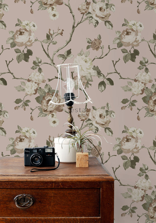 ESTAhome behang vintage bloemen oudroze - 53 cm x 10.05 m - 139407
