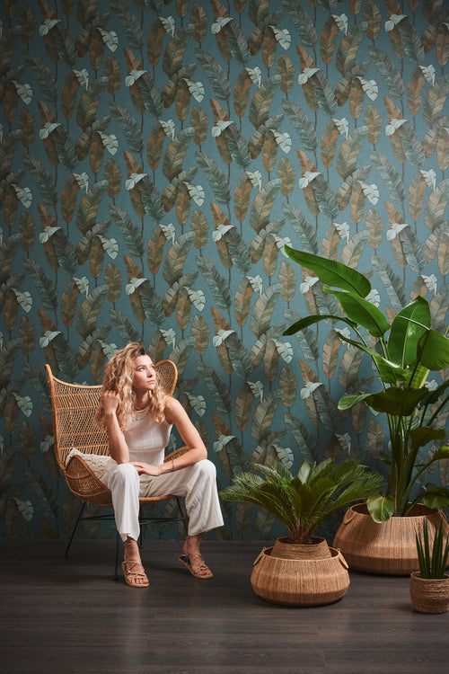 Livingwalls behang bladeren petrolblauw, groen en bruin - 53 cm x 10.05 m - AS-392183