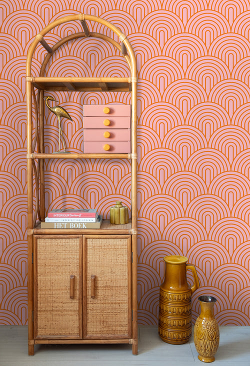 ESTAhome behang art deco bogen roze en oranje - 50 x 900 cm - 131766