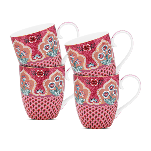 Pip Studio Flower Festival Scallop Mokken - Servies - Set van 4 Kopjes - Donkerroze - 450ml - vtwonen shop