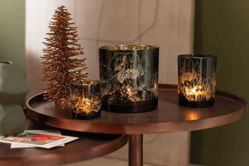 J-Line windlicht Bloemen - glas - kaki groen - small - 2 stuks