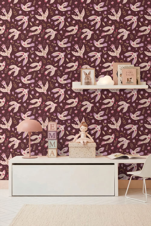 ESTAhome behang bloemen en vogels aubergine paars - 50 x 900 cm - 131759