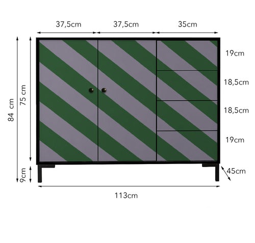 Laag dressoir van MDF met diagonaal streeppatroon in groen- en grijstinten