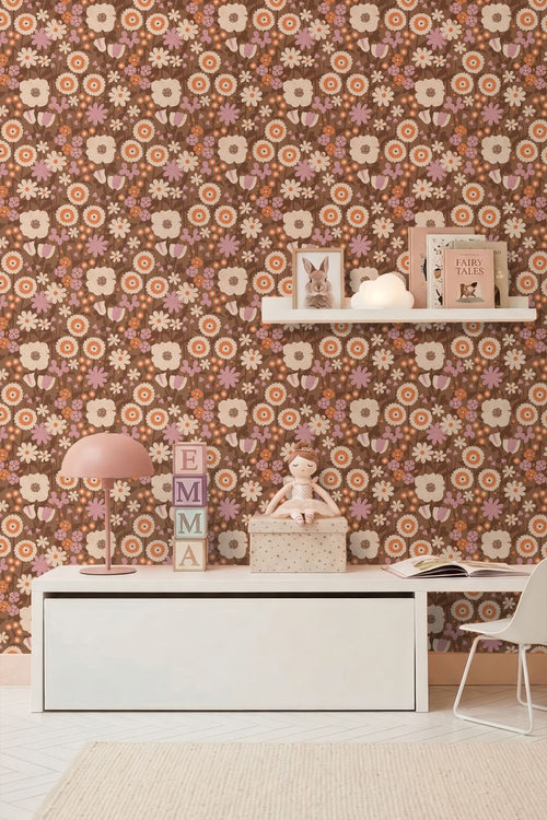 ESTAhome behang retro bloemen bruin, oranje en lila paars - 50 x 900 cm - 132158