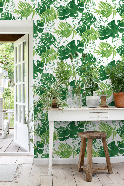 ESTAhome behang geschilderde tropische jungle bladeren tropisch junglegroen - 53 cm x 10.05 m - 138887 - vtwonen shop