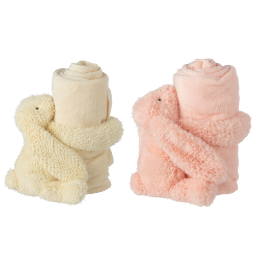 J-Line knuffelbeer Konijn + deken - polyester - roze/geel - set van 2