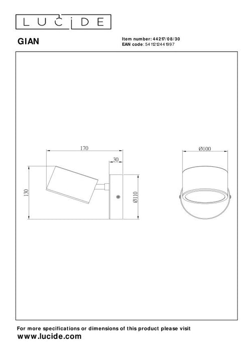 Lucide wandlamp GIAN - Geïntegreerde LED - Zwart