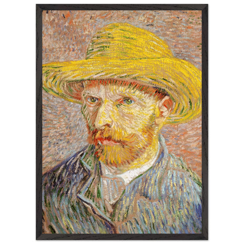 Artfulprints Poster met Lijst Vincent van Gogh - Zelfportret met strohoed   - 50x70 cm - Oranje