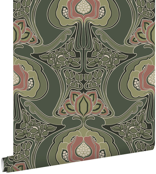 ESTAhome behang vintage bloemen in art nouveau stijl donkergroen - 53 cm x 10.05 m - 139571
