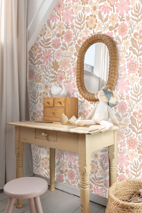 ESTAhome behang bloemetjes wit, beige en roze - 50 x 900 cm - 132288