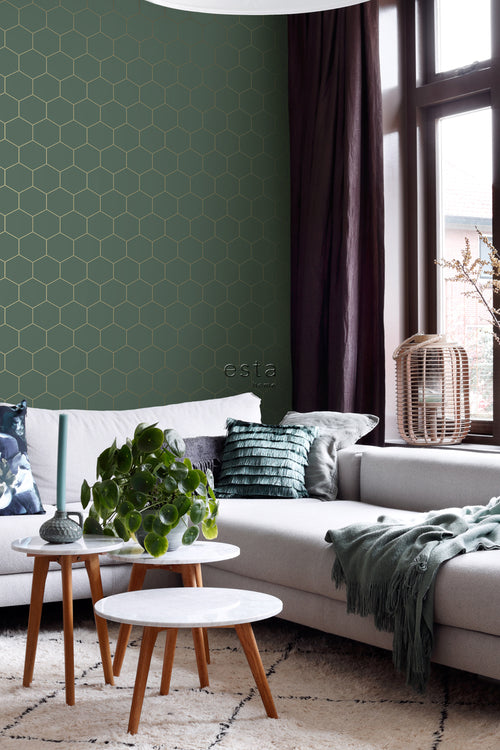 ESTAhome behang hexagon donkergroen en goud - 53 cm x 10.05 m - 139228