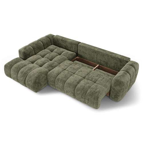 Premium Interiors - Linkshoekbank met slaapfunctie en opbergruimte SKY - gewaafd fluweel vintage groen 310cm