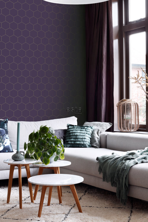ESTAhome behang hexagon donker paars en goud - 53 cm x 10.05 m - 139575