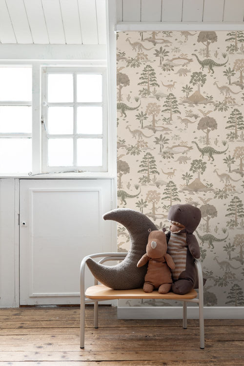 ESTAhome behang dinosaurussen lichtbeige - 50 x 900 cm - 132175