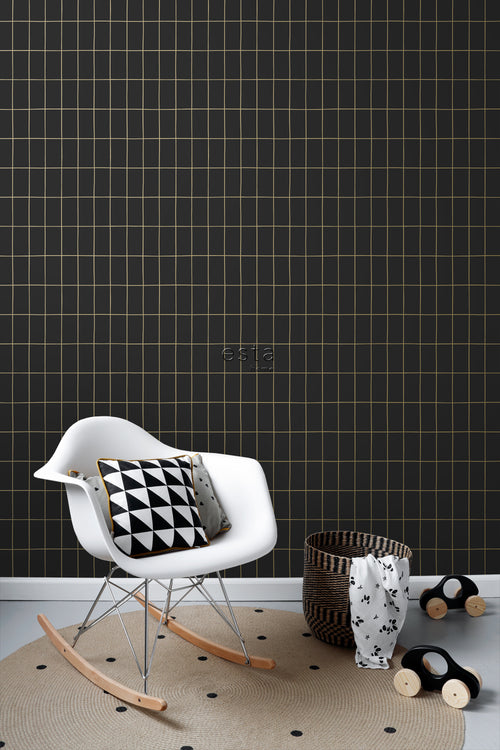 ESTAhome behang kleine tegeltjes zwart en goud - 53 cm x 10.05 m - 139132