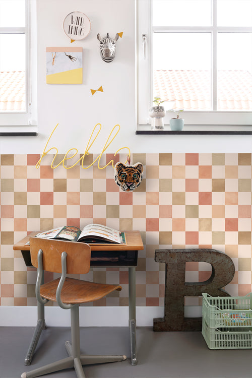 ESTAhome behang geblokt motief beige en terracotta - 50 x 900 cm - 131717