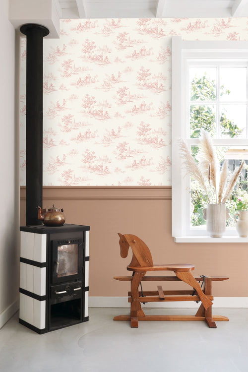 ESTAhome behang toile de jouy print zacht roze - 50 x 900 cm - 132108