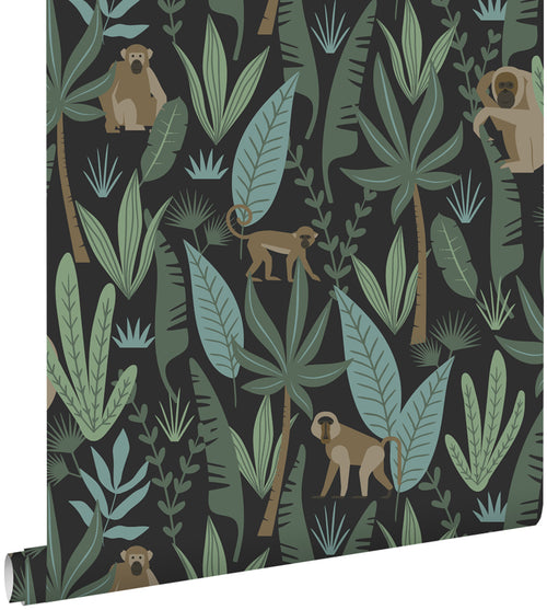 ESTAhome behang jungle apen zwart, donkergroen en mintgroen - 53 cm x 10.05 m - 139074