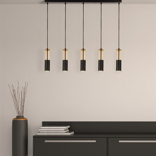 Merrygold Plafondhanger met 5 lichtbalken, amberkleurig acryl en zwart