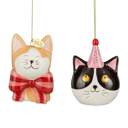 Mica Decorations Ornament Cadeau Set Kat Oranje Zwart 2 Stuks - Kerstornamenten van Dolomiet met Strik en Feestmuts - Kerstboomhangers voor Kerstboom
