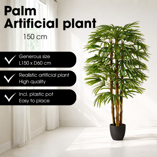 Mica Decorations Rhapispalm – Kunstplant in Pot – Realistische Nepplant Woondecoratie – Kunstplanten voor Binnen en Buiten – H150 x Ø60 cm – Groen
